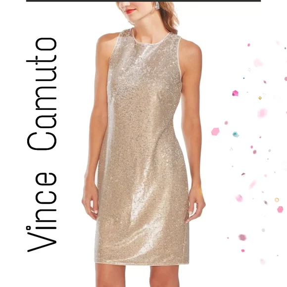 Vince Camuto Womens Sequined Two Tone Sheath Dress Gold 6